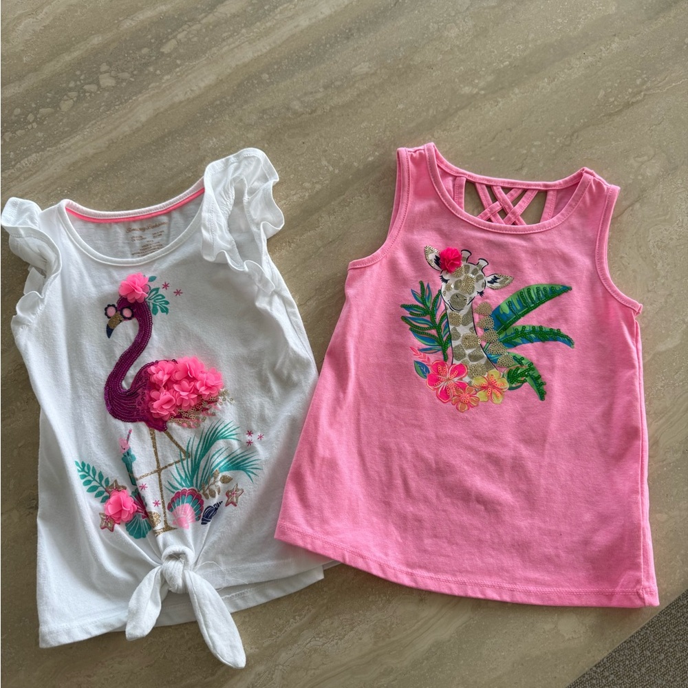 NEW set of Girls' Flamingo and Giraffe Tank Tops - Pink and White